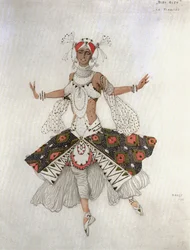 A Noiva, esboço de figurino para o ballet de Reynaldo Hahn "Dieu Bleu" - o Deus Azul (aguarela, lápis de cor e prata sobre papel)