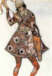O czarevitch Ivan, esboço de figurino para o bailado O Pássaro de Fogo de Igor Stravinski (aguarela, guache)