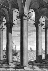 Na arquitetura, uma paisagem marítima aparece atrás de um edifício apoiado por arcadas: um quadro desenhado de "De Architectura Libri decem" de Leon Battista Alberti (1404-1472), arquiteto, matemático, poeta italiano da Renascença, Londres