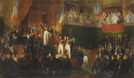 LOUIS-PHILIPPE (1773-1850) PRETE SERMENT DE MAINTENIR LA CHARTE DE 1830 PT PRESENCE DES CHAMBRES, LE 9 AOUT 1830 peinture de LeON-JEAN-BASILLE PERRAULT AND HIS STUDIO - Louis-Philippe I é investido como rei perante a Câmara dos Deputados, 9 de Agosto de 18