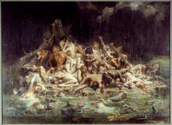 O Dilúvio Um grupo de corpos de seres humanos e animais sob as correntes de chuva da raiva do céu, alguns já estão afogados, outros gritam a sua angústia. Pintura de Leon Comerre (1850-1916) 1911 Sol. 3,45x4,48 m Nantes, Musee des Beaux Arts