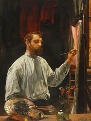 Retrato de Leon Frederic, de pé meio comprimento em seu cavalete, 1900