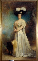 Portrait en pied de madame Maurice Pascal e son chien Tiny Painting de Leon Joseph Bonnat (1833-1922) 1905 Sun. 2,17x0,9 m Pau, musee des Beaux Arts - Retrato completo de Madame Maurice Pascal e seu cão, Tiny. Pintura de Leon Joseph Bonnat (1833-19