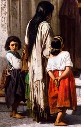 Mulher jovem a fazer caridade à entrada da capela do hospital de San Sebastian em Córdoba, pormenor