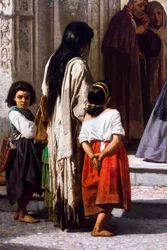 Mulher jovem a fazer caridade à entrada da capela do hospital de San Sebastian em Córdoba, pormenor