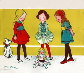 Raparigas a brincar aos bonecos. (Ilustração,; ca. 1910)
