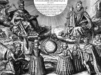 Família real francesa em 1607 (propaganda) : o rei francês Henri IV e sua esposa rainha Marie de Medicis segurando sua filha Christine; fundo : seus outros filhos : o futuro Luís XIII, Elisabeth e Henriette-Marie. Em r : o rei seguido de seus doentes