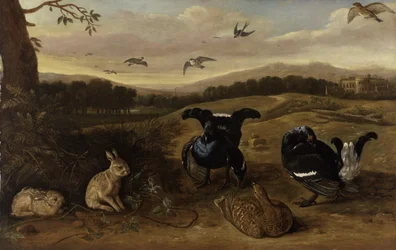Tetrazes-pretos, coelhos e andorinhas num parque, c. 1700