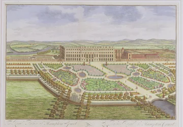 O Palácio Real de Hampton Court, de &39;Survey of London&39;engraved por Johannes Kip (c.1652-1722), 1730 (gravura a cores)