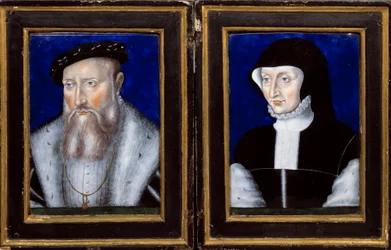 Retrato de Claude de Lorraine (1496-1550), Duque de Guise e Antoinette de Bourbon Vendome (1494-1583), sua esposa Esmalte pintado por Leonard Limosin (1505-1577) 1550 aproximadamente. Sol. 0,25x0,2 m Ecouen, Musee national de la renaissance