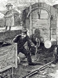 Uma banda desenhada que comenta os acidentes dos trabalhadores dos caminhos-de-ferro. Ilustrado por Leonard Raven-Hill (1867-1942), artista, ilustrador e cartoonista inglês, século XX