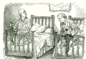 Arthur Balfour, conservador, e Herbert Asquith, liberal, com as suas meias de Natal. Nas eleições gerais de dezembro de 1910 nenhum dos dois obteve maioria absoluta. Asquith conseguiu formar um governo de coligação com o Partido Parlamentar Irlandês.
