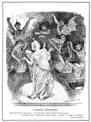 LLoyd George, a "boa fada" do governo de coalizão espera transformar a Grã-Bretanha em utopia, mas evoca o pesadelo e os diabos do desemprego, da queda do comércio, dos altos preços e da inquietação,