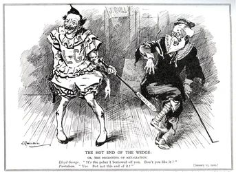 Lloyd George, como presidente da Junta Comercial, protegendo a indústria britânica contra a concorrência alemã pelo "Patents and Designs Act" de 1907, 1909