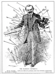 Lloyd George, descrito como o mártir, St. Sebastian, sob ataque por sua Lei de Seguro Nacional, que entrou em vigor em 15 de julho de 1912 Insurance Act, 1911