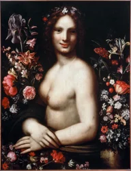 Busto de uma jovem chamada Flora (Flora) entre as flores O modelo seria a Mona Lisa (Mona ou Monna Lisa) Pintura após um desenho de Leonardo da Vinci (Leonard de Vinci) (1452-1519) Século XVII Bergamo, accademia Carrara