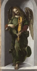 ""An Angel in Green Playing the Old (Old)"" Pintura da comitiva de Leonardo da Vinci (Leonardo da Vinci) (1452-1519) por volta de 1490-1499 Galeria Nacional de Londres