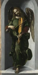 Um anjo de verde com um Vielle, c. 1490-1499