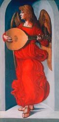 Um anjo de vermelho com um alaúde, 1490-1499