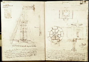 Arquitectura e arte militar: página da esquerda: rodar. Escada de lesmas à volta de uma torre. Perfuração de uma viga. Página da direita: planta de entrada de uma cidade fortificada. Planta e elevação de uma torre circular fortificada no mar. Manuscrito po
