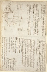 Arundel 263, f.127, Notas e esboço esquemático de uma escavadeira mecânica em perspectiva (de lado), c.1503-5 (caneta e tinta sobre papel)