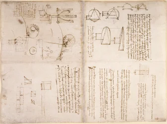 Arundel 263, f.133v, f.130r, Notas, esboços esquemáticos e diagramas do 