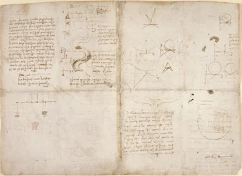 Arundel 263, f.135v, f.134, Notas e diagramas sobre mecânica; notas e esboços esquemáticos sobre cursos de rio e fluxos de água, de 