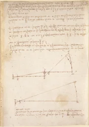 Arundel 263, f.214 Desenhos sobre os poderes e forças mecânicos, percussão, gravidade, movimento, óptica e astronomia, com várias propostas aritméticas e geométricas (caneta e tinta sobre papel)