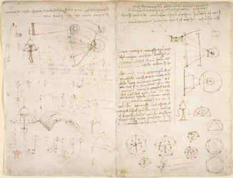 Arundel 263, f.221v, f.220 Notas, diagramas e esboços do 