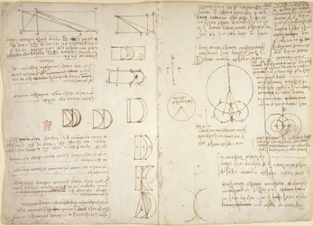 Arundel 263, f.222v, f.219, Desenhos sobre os poderes e forças mecânicos, percussão, gravidade, movimento, óptica e astronomia, com várias propostas aritméticas e geométricas (caneta e tinta sobre papel)