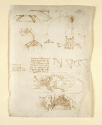 Arundel 263, f.224 Notas e diagramas; esboços de montanhas e uma caverna, do "Codex Arundel" (caneta e tinta sobre papel)