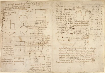 Arundel 263, f.228v, f.227 Notas e diagramas sobre mecânica do 