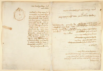 Arundel 263 f.236v, f.233 Notas sobre a água; esboço que ilustra o globo terrestre, do "Codex Arundel" (caneta e tinta sobre papel)
