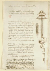 Arundel 263, f.24v Notas e esboços ilustrando o estudo de Leonardo de aparelhos de respiração para mergulhador (1508), do "Codex Arundel" (caneta e tinta sobre papel)