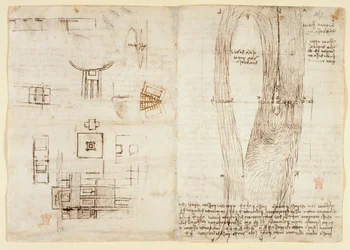 Arundel 263, f.264v Desenhos sobre os poderes e forças mecânicos, percussão, gravidade, movimento, óptica e astronomia, com várias proposições aritméticas e geométricas.