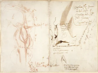 Arundel 263, f.275v, f.274 Esboço planimétrico do rio Arno; notas sobre distâncias e direcções