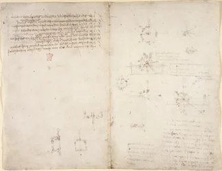 Arundel 263, f.35v, f.34 Desenhos sobre os poderes e forças mecânicos, percussão, gravidade, movimento, óptica e astronomia, com várias proposições aritméticas e geométricas.