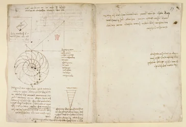 Arundel 263, f.44v, f.59 Um esboço de um olho e um nariz de um rosto em perfil; notas sobre água, do "Codex Arundel" (caneta e tinta sobre papel)