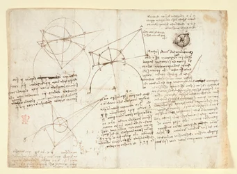 Arundel 263, f.64v O lado verso de uma única folha grande, anteriormente atada ao longo da margem direita e dobrada no caderno. Notas e diagramas sobre a óptica, relativos ao problema de Alhazen; esboço esquemático de um globo ocular acompanhado de notas r