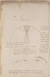Arundel 263, f.85 Diagramas sobre óptica, relativos à cáustica da reflexão; nota e esboço sobre mecânica, relativos ao poder da percussão e com referências ao princípio aristotélico 