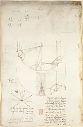 Arundel 263, f.85v Diagramas sobre óptica, relativos à cáustica da reflexão; nota e esboço sobre mecânica, relativos ao poder da percussão e com referências ao princípio aristotélico 