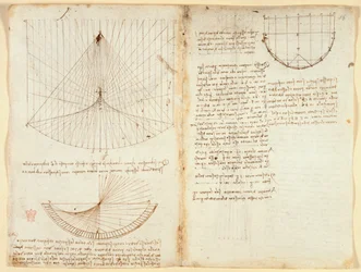 Arundel 263 f.87v, f.86 Notas e diagrama sobre óptica, sobre os cáusticos da reflexão, c.1503-5 (caneta e tinta sobre papel)