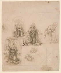 Esboços de composição para a Virgem adorando o Menino Jesus, com e sem o pequeno São João Batista; diagrama de uma projeção em perspetiva (recto); leves rabiscos (verso)
