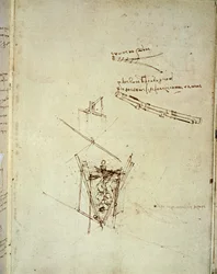 Desenho de uma máquina voadora (caneta sobre papel)