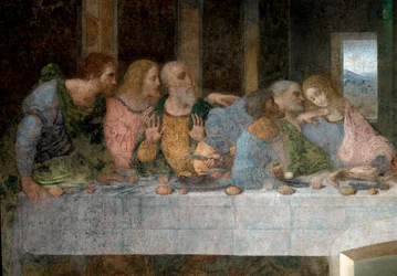 Pormenor de A Última Ceia representando, da esquerda para a direita, os apóstolos São Bartolomeu, Tiago, filho de Alfeu, André, Judas, Pedro e João. 1495-1498. Refeitório de Santa Maria delle Grazie