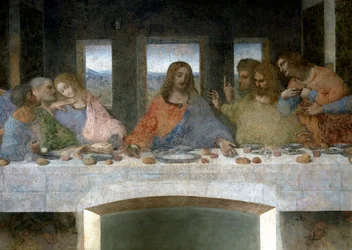 Detalhe do Cene (Il Cenacolo (Ultima Cena)) representando à esquerda os Apoles Judas, Pedro e João, Cristo no centro e os Apoles Tomás, Tiago o Major e Filipe. A letra V entre João e Cristo referir-se-ia ao cálice do Graal ou th