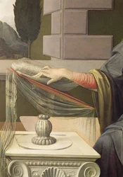 Detalhe da Virgem Maria, da Anunciação, 1472-75 óleo na restauração pós-painel