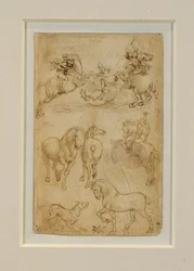 Dois cavaleiros a lutar contra um dragão; um cavaleiro e dois cavalos; um cão e um cavalo ...