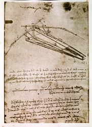 Extrato de um manuscrito de Da Vinci que descreve o princípio e a construção de uma "Máquina Voadora" (manuscrito)