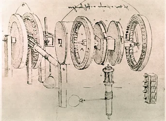 Extrato de um manuscrito de Da Vinci que descreve o princípio e a construção da "Transformação do movimento alternado em movimento contínuo" (manuscrito)